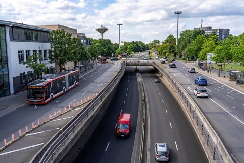 Europaring, B8, city centre road, landmark water tower of Leverkusen, North Rhine-Westphalia,