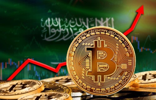 Bitcoin rising with Saudi Arabia flag in the background. Bitcoin with Saudi Arabia flag in the