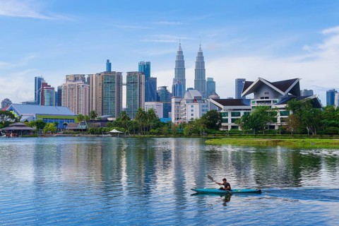 Titiwangsa Lake Garden and Kuala Lumpur city skyline, Malaysia, Asia