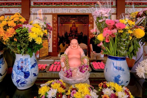 Thean Hou Temple to the Goddess Mazu, Prayers in the Intercession shrine, Kuala Lumpur, Malaysia,