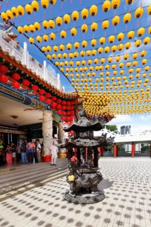 Thean Hou Temple to the Goddess Mazu with red and yellow chinese lanterns, Kuala Lumpur, Malaysia,