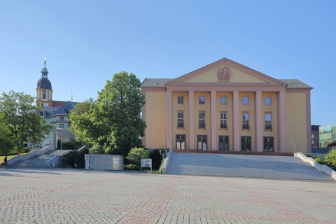 House of History and baroque Kreuzkirche, columns, open staircase, stairway, Platz der deutschen