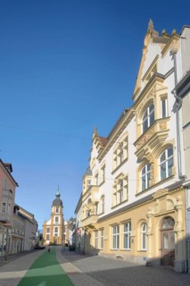 Villa built in 1900, neo-renaissance, and baroque Kreuzkirche, green carpet, stony path, Suhl,