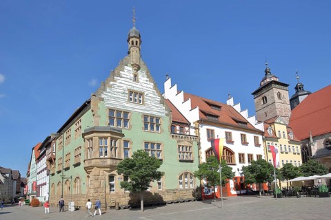 Town Hall and St George's Church, German national flag with Thuringian state flag, Altmarkt,