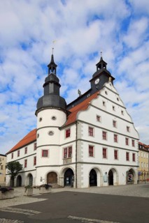 Renaissance town hall with turrets, market square, Hildburghausen, Franconia, Thuringia, Germany