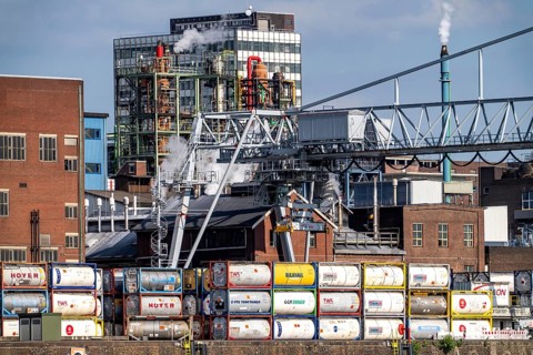 Scenery of Chempark Leverkusen, Bayer Leverkusen, chemical park, chemical plant, river Rhine, cargo