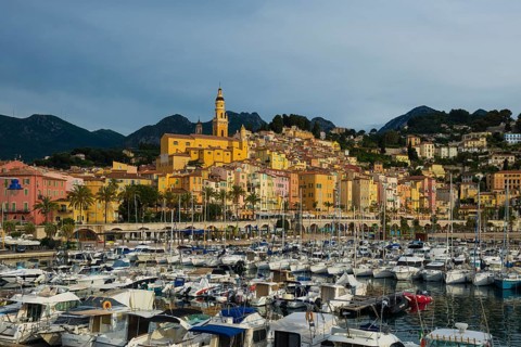 Town with colourful houses by the sea, sunrise, Menton, Alpes Maritimes, Provence Alpes Cote