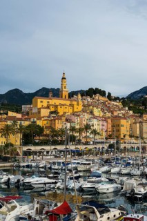 Town with colourful houses by the sea, sunrise, Menton, Alpes Maritimes, Provence Alpes Cote