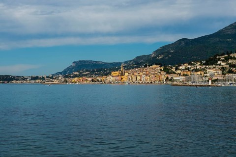 Town with colourful houses by the sea, Menton, Alpes Maritimes, Provence Alpes Cote d'Azur, French