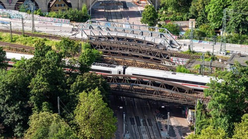 Railway bridges at Stuttgart North Station with ICE. More than 1000 Deutsche Bahn AG bridges need