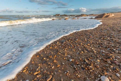 A wide sandy beach stretches out with scattered pebbles and beach shells. Gentle waves crash