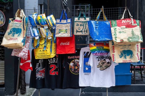 Bags with cult brand logos from Ikea, Coca Cola, Starbucks