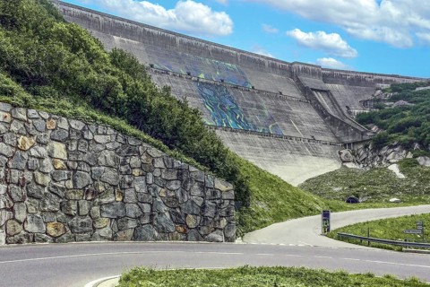 Dam wall of Räterichsbodensee reservoir in the Grimsel region, Guttannen, Canton of Bern,