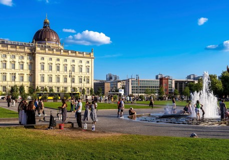 The Lustgarten with fountain and the Humboldt Forum, Berlin, Germany