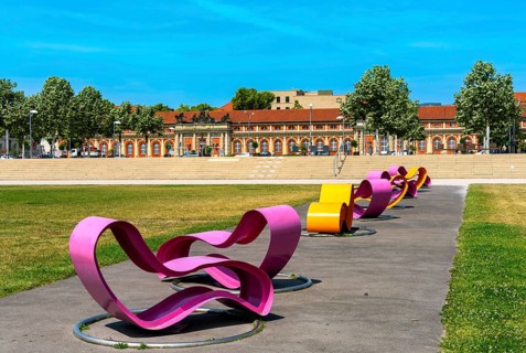 Modern seating elements in the Lustgarten, Potsdam, Brandenburg, Germany