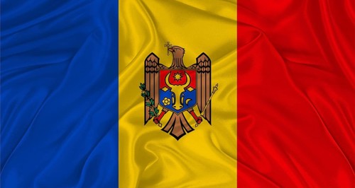 Flag of Moldova with cloth texture. Close up of Moldova flag waving