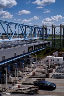 Toll station, toll, Barriere de Payage, motorway, Pont de Normandie, Normandy bridge, cable-stayed