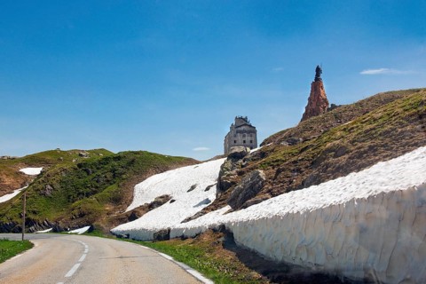View from last bend of alpine road pass road mountain road in front of pass summit of Little Saint