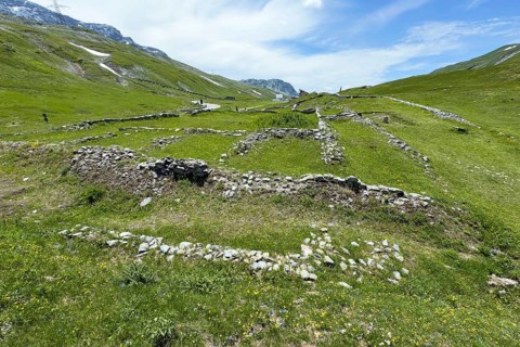 Foundation walls ruins of 2000 year old historical ancient Roman hostel Mansio at the top of the