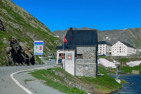 View of former border building on Colle del Gran San Bernardo at border crossing from Italy to