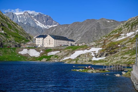 View from Italian side on small island in Lac du Grand Saint Bernard in the background on Swiss
