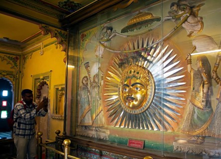 Mewad kingdom mask, sun god symbol in the City Palace Museum, City Palace of Udaipur, Rajasthan,