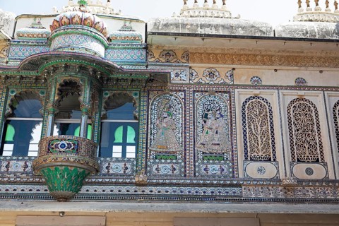 Mosaics in an inner courtyard of the City Palace Museum, City Palace of Udaipur, Rajasthan, India