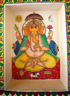 Mural painting, elephant-headed Hindu god Ganesh or Ganpati, City Palace, Udaipur, Rajasthan, India