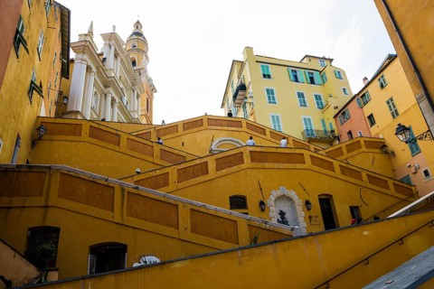 Town with colourful houses by the sea, Menton, Alpes Maritimes, Provence Alpes Cote d'Azur, French