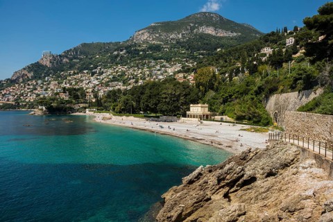 View of Roquebrune and Monaco, Plage du Golfe Bleu, Alpes Maritimes, Provence Alpes Cote d'Azur,