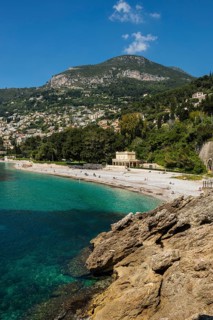 View of Roquebrune and Monaco, Plage du Golfe Bleu, Alpes Maritimes, Provence Alpes Cote d'Azur,