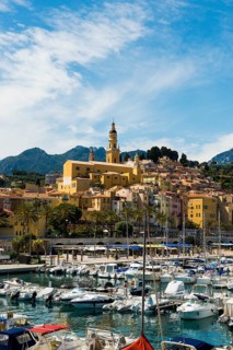Town with colourful houses by the sea, Menton, Alpes Maritimes, Provence Alpes Cote d'Azur, French