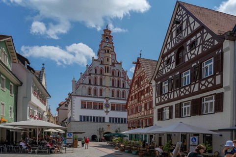 Historic town hall, built in 1426, historic half-timbered houses on the right, Bad forest lake,