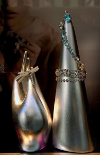 Jewellery displays in a showcase at Tiffany, New York City, USA