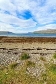Fjord landscape with pebble beach, Skápadalur valley, coastline, Patreksfjördur, Vestfirðir,