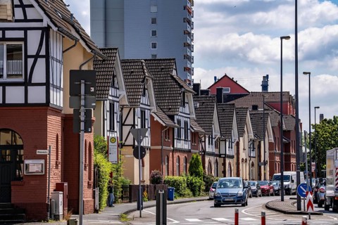 Residential buildings, on Nobelstrasse, in the Wiesdorf district, in Leverkusen, Bayer AG's