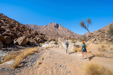 Tourist with guide on the White Lady Trail, Tsisab Gorge, desert landscape, Brandberg, Erongo,