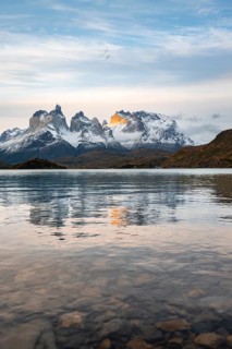 Cuernos del Paine mountain range at sunset, reflection in Lago Pehoe, Torres del Paine National
