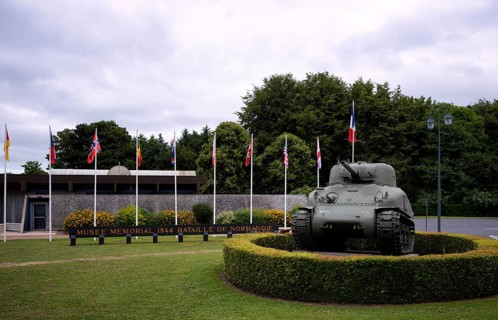 Sherman tank of the US Army is on display in front of the museum, Musée memorial 1944 de la