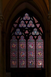 Interior view, stained glass window, coloured church windows, Cathédrale Notre-Dame de Bayeux,