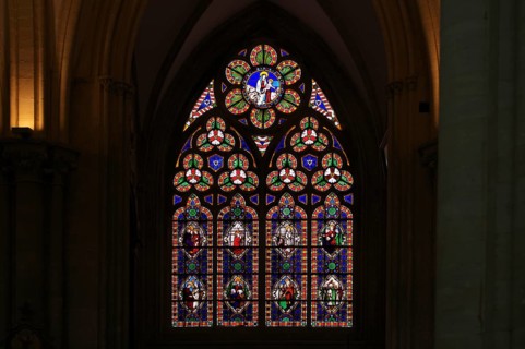 Interior view, stained glass window, coloured church windows, Cathédrale Notre-Dame de Bayeux,