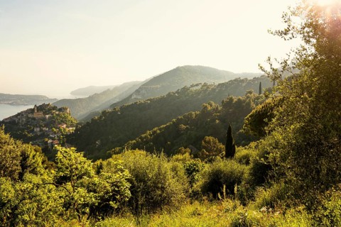 Picturesque mountain village above the sea, sunset, Èze, Cote d'Azur, Alpes-Maritimes,