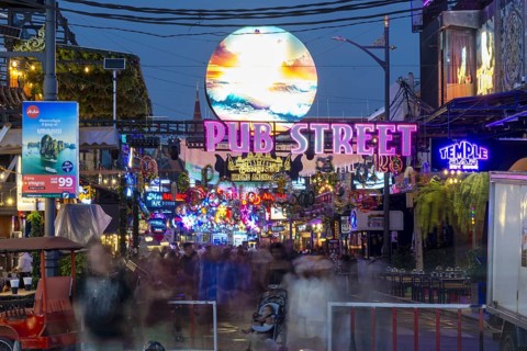 Neon lights, Pub Street in the evening, entertainment district with bars and restaurants, Siem