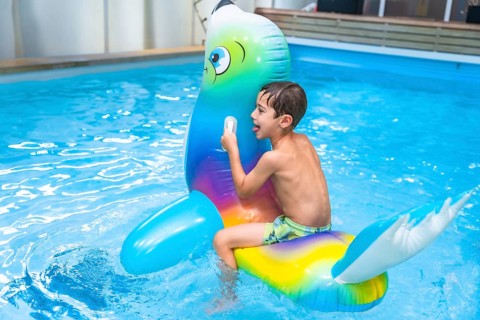 Happy child enjoying playful moments with a colorful inflatable seal in a sparkling pool during