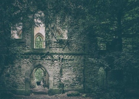 Ruins of a Gothic chapel in the forest near Greifenstein Castle, Heiligenstadt in Upper Franconia,