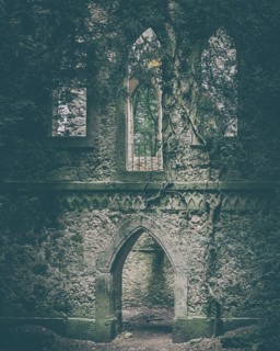 Ruins of a Gothic chapel in the forest near Greifenstein Castle, Heiligenstadt in Upper Franconia,