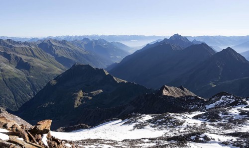 Mountain panorama at the Wilder Freiger summit, high mountain landscape, view towards the Stubai