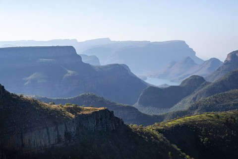 View of the Blyde River gorge, Lowveld Viewpoint, in the evening light, canyon landscape, Blyde