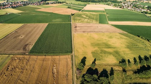 Aerial view of grain fields west of Augsburg, Bavaria, Germany