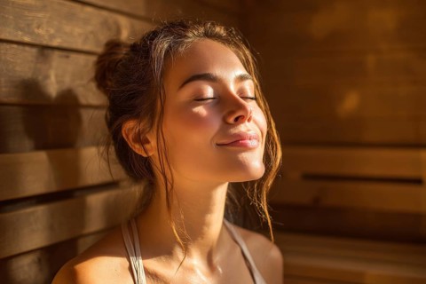 Beautiful lady relaxing in hot steamy sauna. Concept of relaxation in beauty spa, AI generated